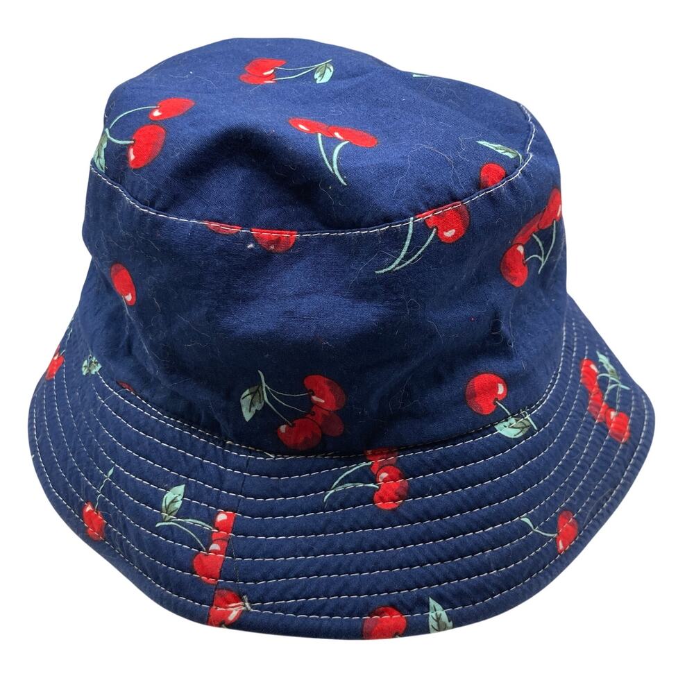 Navy Blue Cherry Print Reversible Bucket Hat Womens S/M Outdoors Beachy Summer